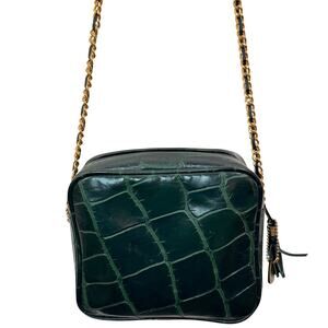VTG Reem Handbag Green Croc Embossed Leather Tassel Chain Strap Crossbody Bag
